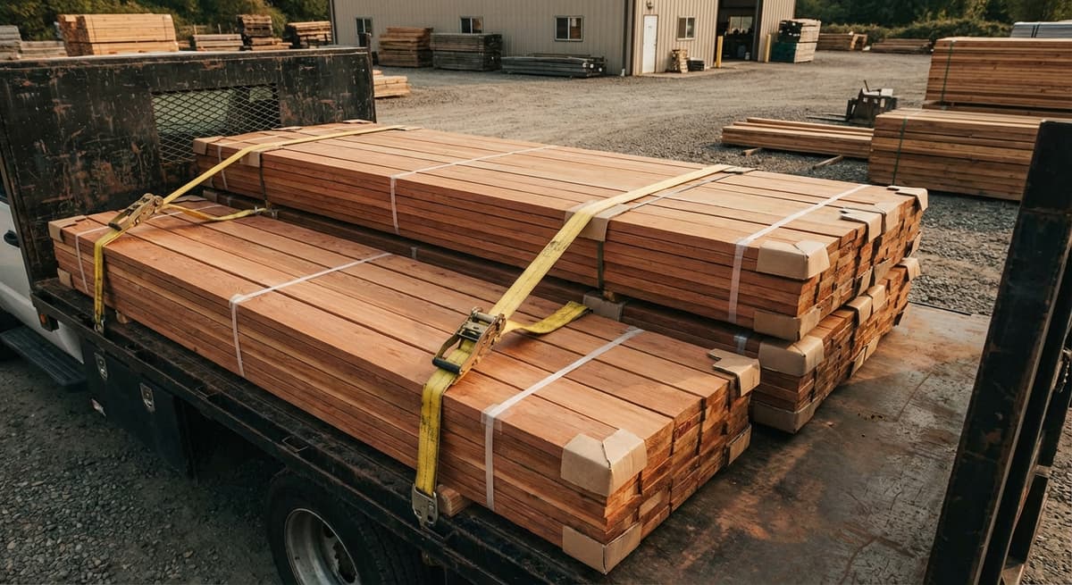 Cedar lumber secured on truck